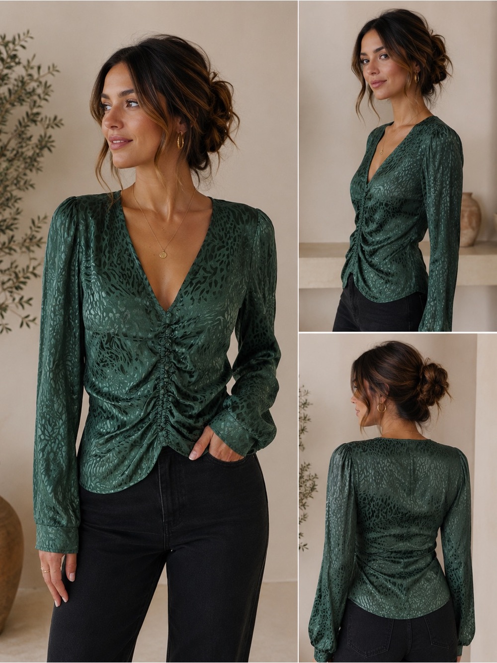 3 for $30 H&M Dark Green Ruched Blouse